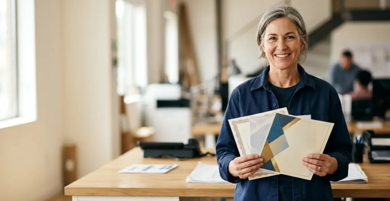 Professionnel du bâtiment présentant des documents de certification dans un environnement de travail épuré