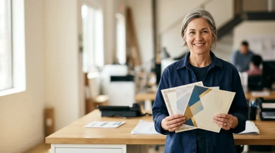 Professionnel du bâtiment présentant des documents de certification dans un environnement de travail épuré