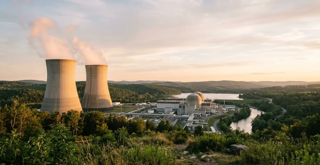 Vue d'ensemble d'une centrale nucléaire moderne au coucher du soleil avec ses tours de refroidissement, symbolisant la production d'énergie décarbonée pour la neutralité carbone