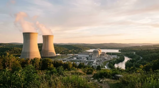 Vue d'ensemble d'une centrale nucléaire moderne au coucher du soleil avec ses tours de refroidissement, symbolisant la production d'énergie décarbonée pour la neutralité carbone