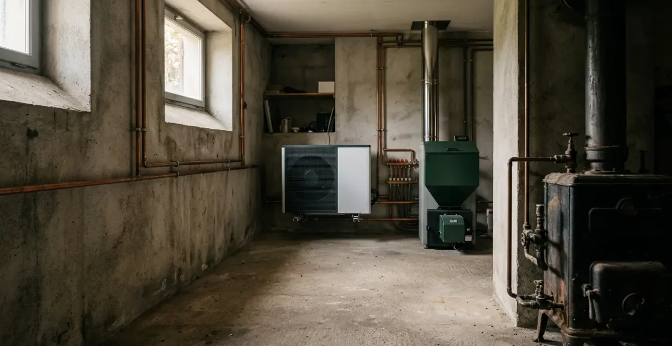 Vue d'ensemble d'une installation de chauffage domestique illustrant la transition énergétique
