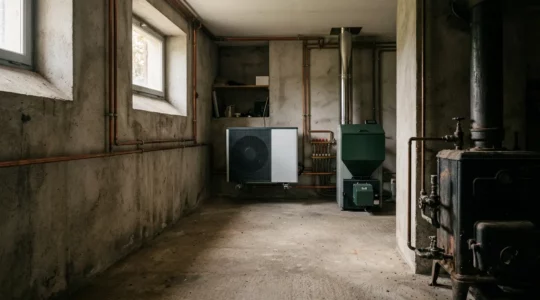 Vue d'ensemble d'une installation de chauffage domestique illustrant la transition énergétique