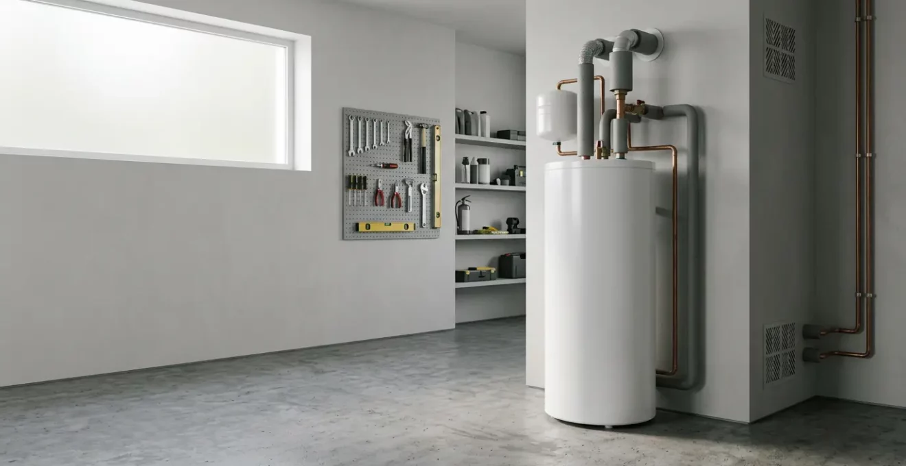 Chauffe-eau thermodynamique moderne installé dans une buanderie spacieuse avec système de ventilation