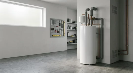 Chauffe-eau thermodynamique moderne installé dans une buanderie spacieuse avec système de ventilation