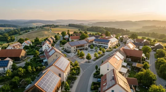 Illustration d'une communauté locale partageant l'énergie solaire produite collectivement