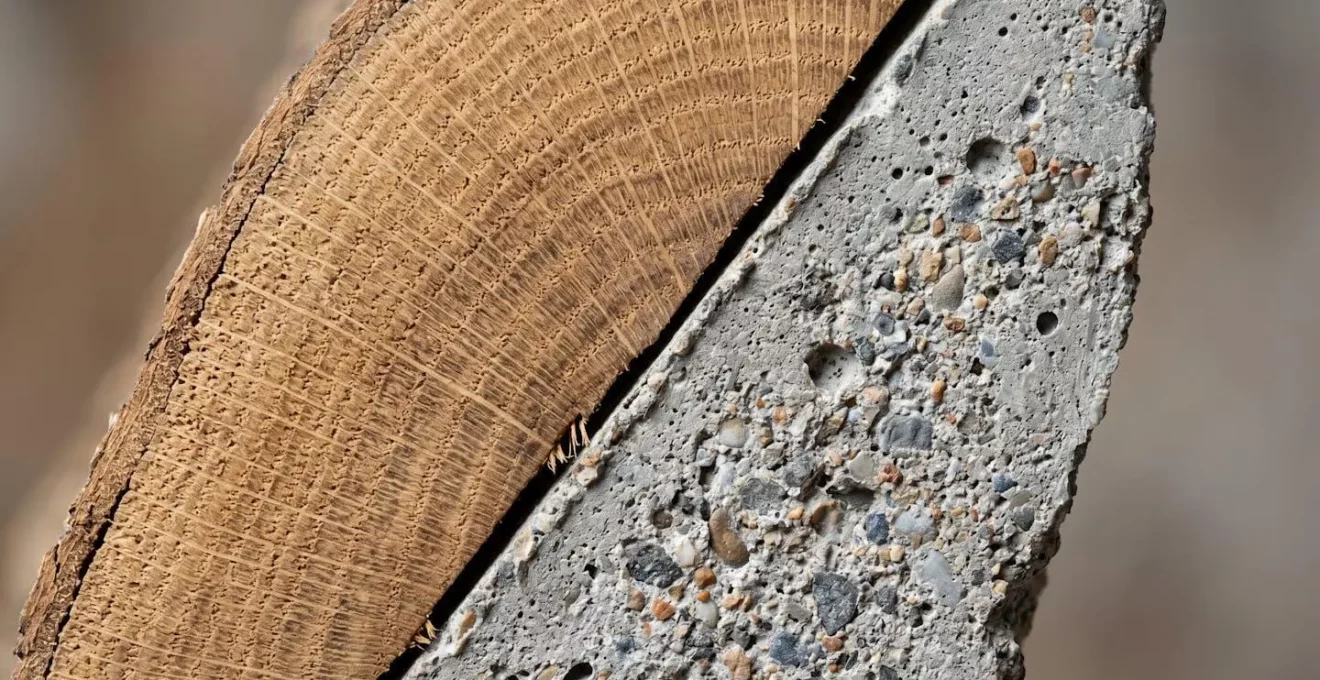 Détail macro de sections de matériaux de construction bois et béton montrant leurs textures