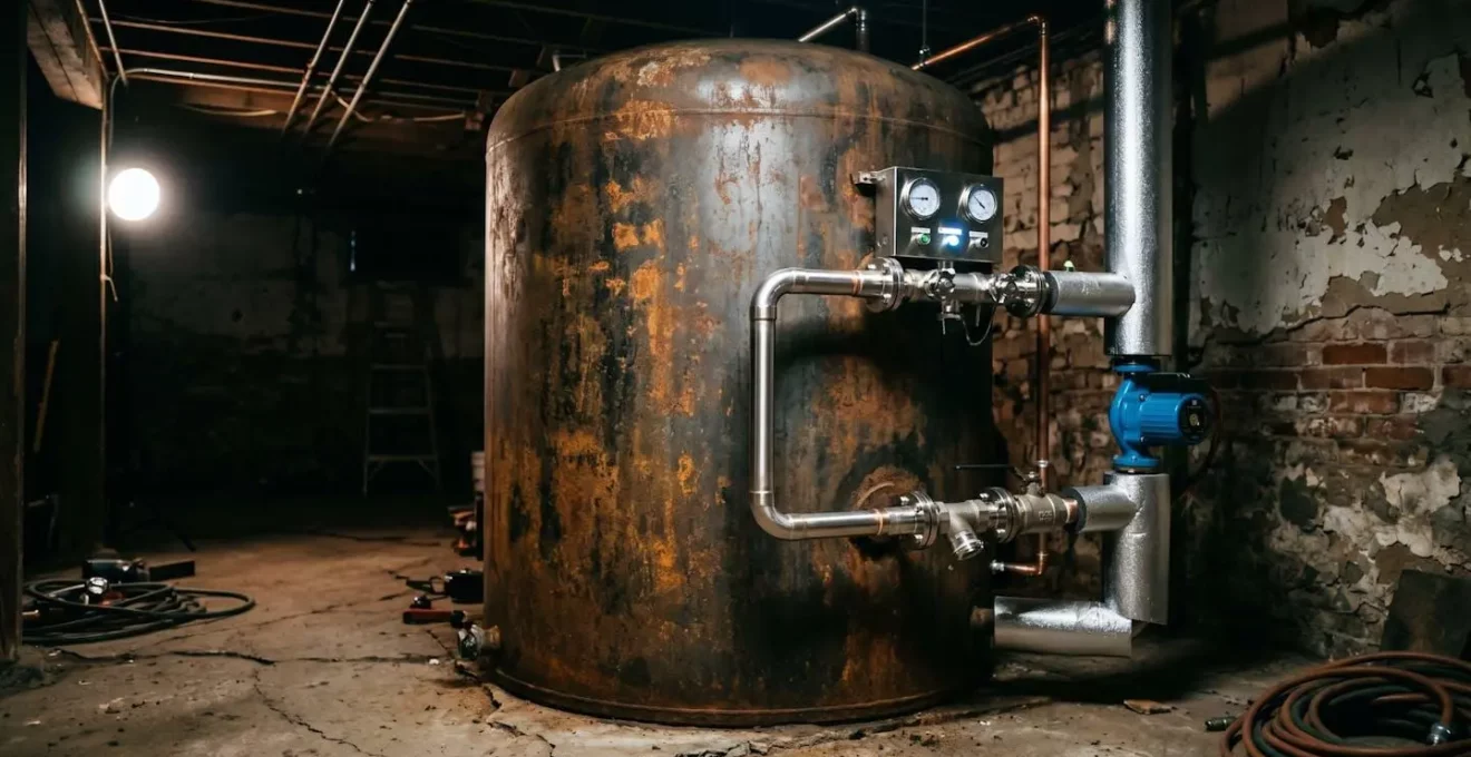 Installation technique montrant une ancienne cuve transformée pour un usage écologique
