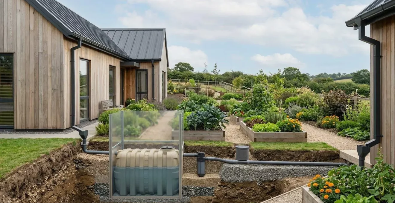 Installation de récupération d'eau de pluie pour l'arrosage d'un grand potager avec cuve enterrée