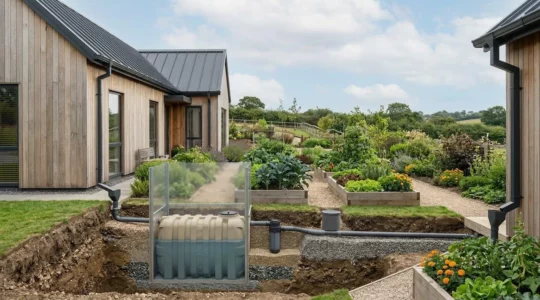 Installation de récupération d'eau de pluie pour l'arrosage d'un grand potager avec cuve enterrée