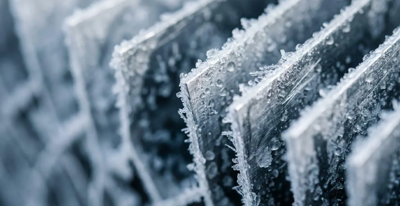 Gros plan des ailettes d'un échangeur thermique de pompe à chaleur avec formation de givre visible