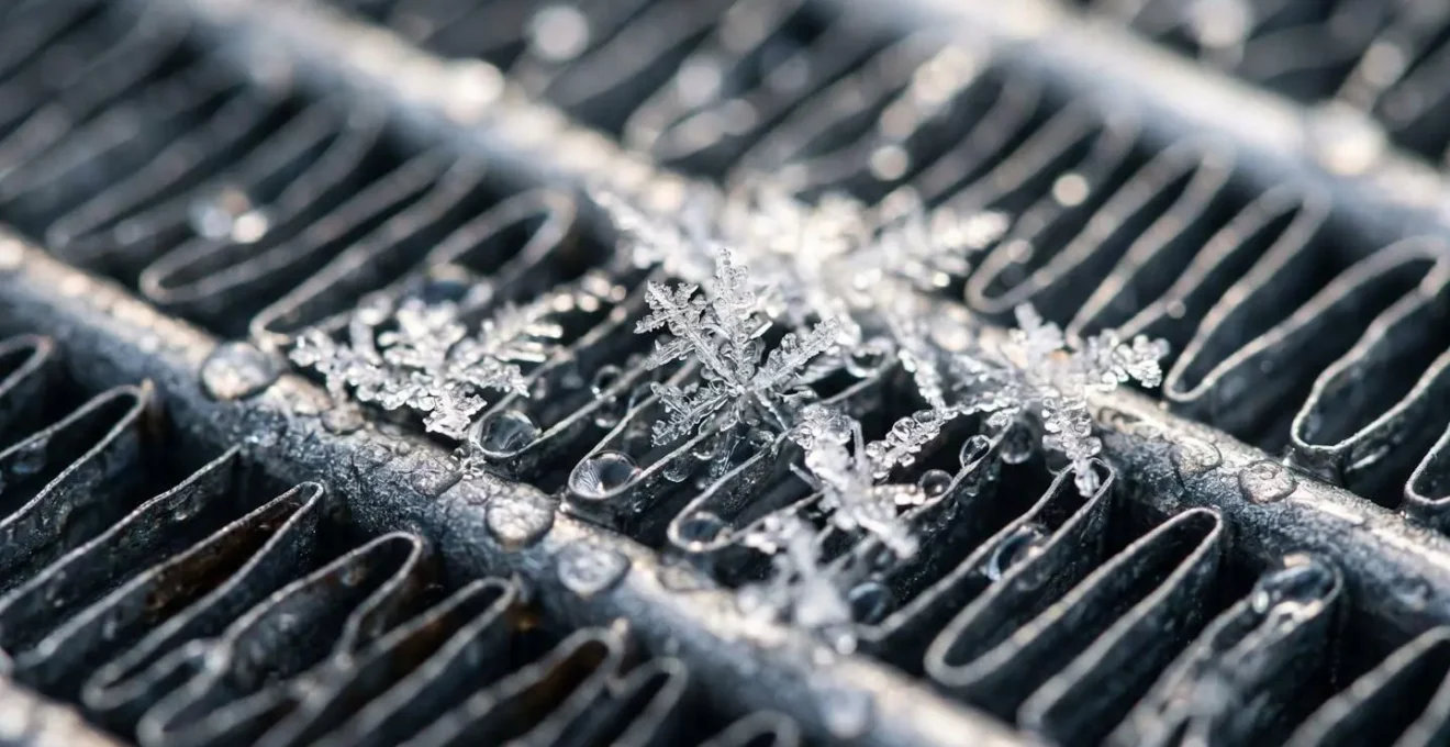 Détail de cristaux de givre sur un échangeur thermique, illustrant le problème de performance des PAC en hiver.