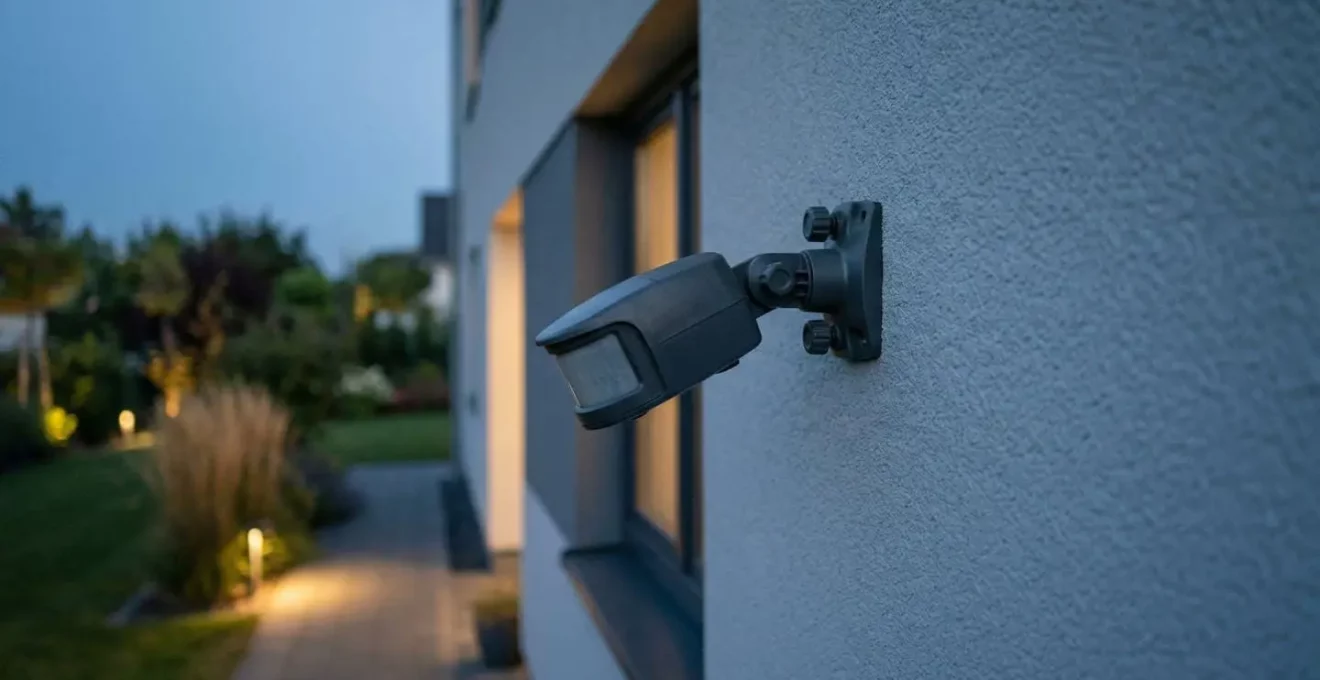 Détecteur de mouvement PIR extérieur installé sur un mur, configuration optimale pour sécurité sans fausses alertes