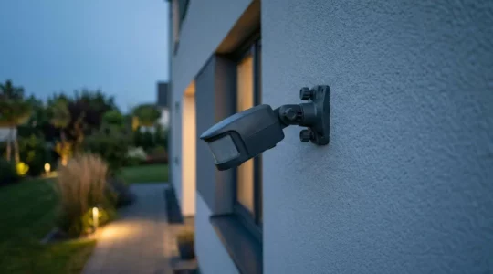 Détecteur de mouvement PIR extérieur installé sur un mur, configuration optimale pour sécurité sans fausses alertes
