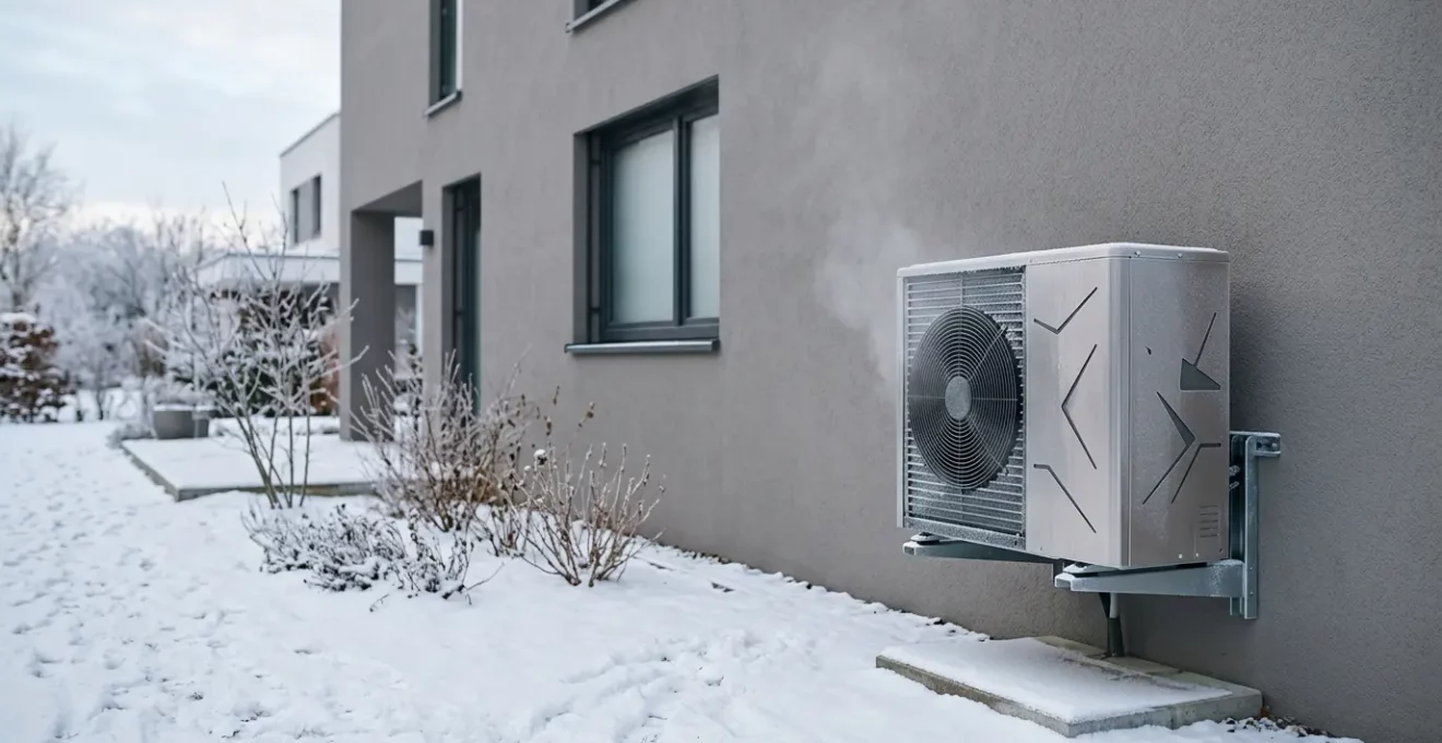 Installation d'une pompe à chaleur moderne montrant l'unité extérieure dans un environnement hivernal réaliste