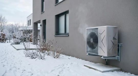 Installation d'une pompe à chaleur moderne montrant l'unité extérieure dans un environnement hivernal réaliste