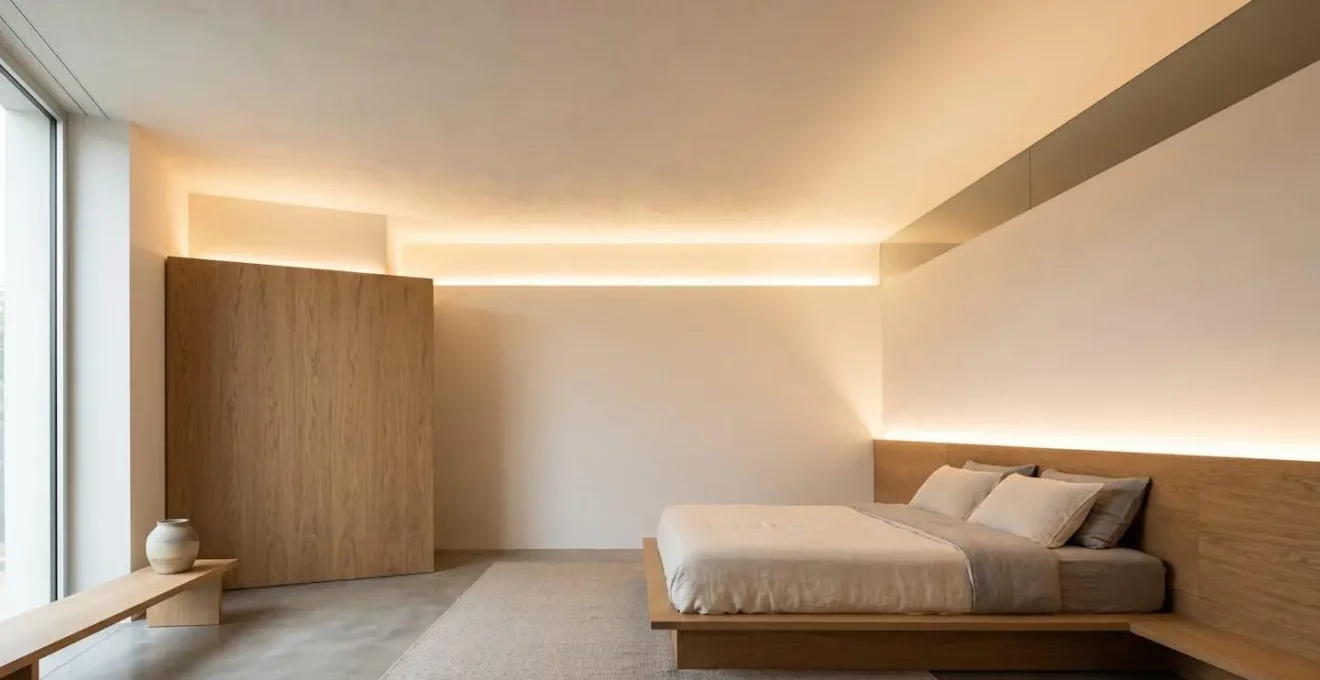 Éclairage LED indirect créant une ambiance douce sur un mur, composition minimaliste avec beaucoup d'espace