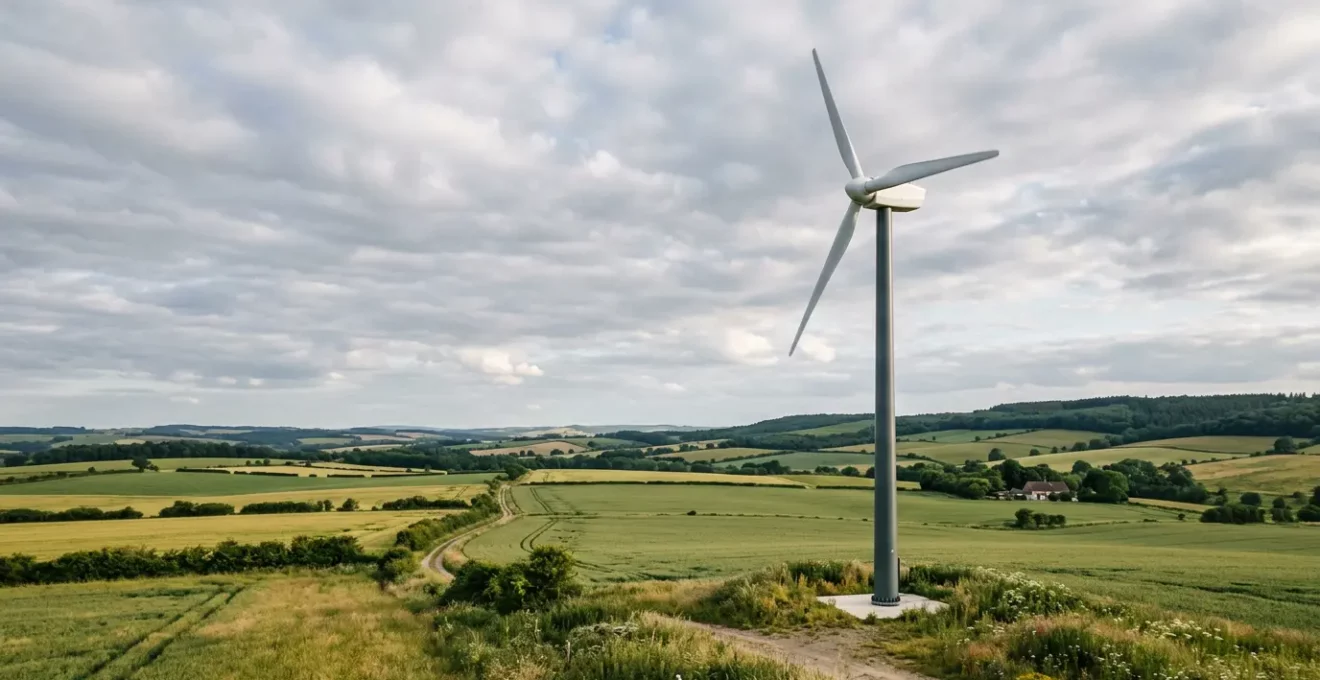 Éolienne domestique sur mât de 12 mètres dans un environnement rural avec documents administratifs