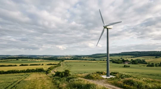 Éolienne domestique sur mât de 12 mètres dans un environnement rural avec documents administratifs