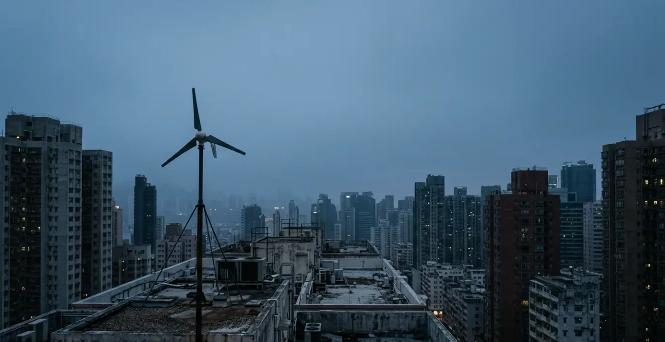 Petite éolienne domestique installée sur un toit urbain entourée d'obstacles architecturaux