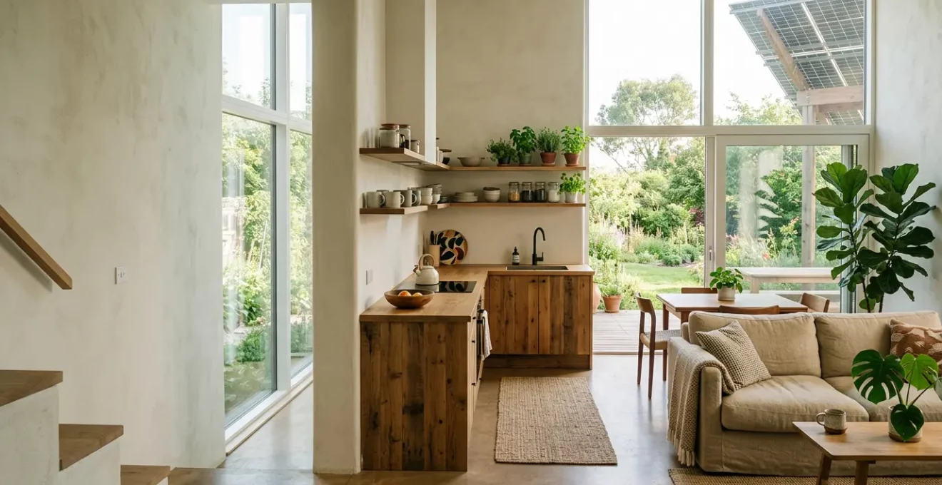 Scene de vie quotidienne montrant les multiples sources d'empreinte carbone d'un foyer moderne