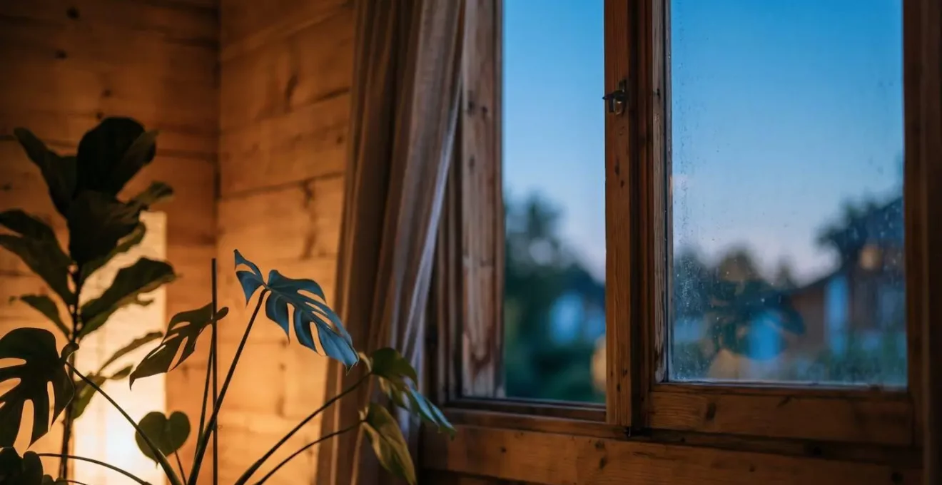Vue d'une fenêtre de maison bois entrouverte pour ventilation nocturne en ambiance crépusculaire