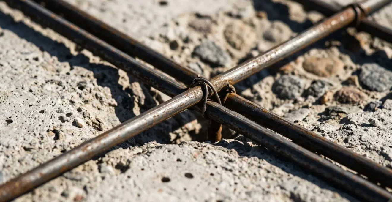 Gros plan sur un massif de fondation en béton armé pour éolienne avec ferraillage visible