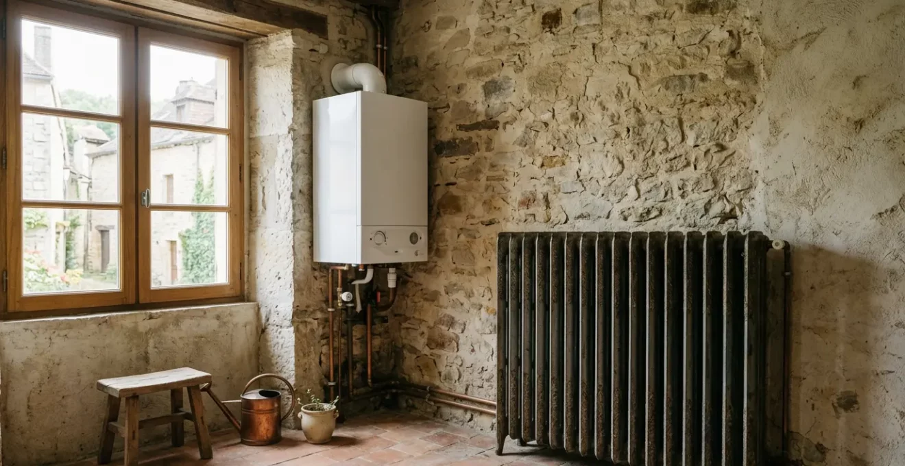 Installation de chauffage moderne dans une maison ancienne illustrant la transition énergétique
