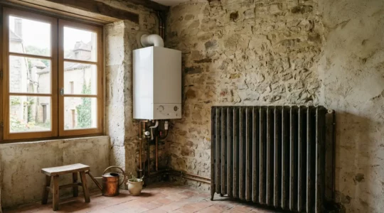 Installation de chauffage moderne dans une maison ancienne illustrant la transition énergétique