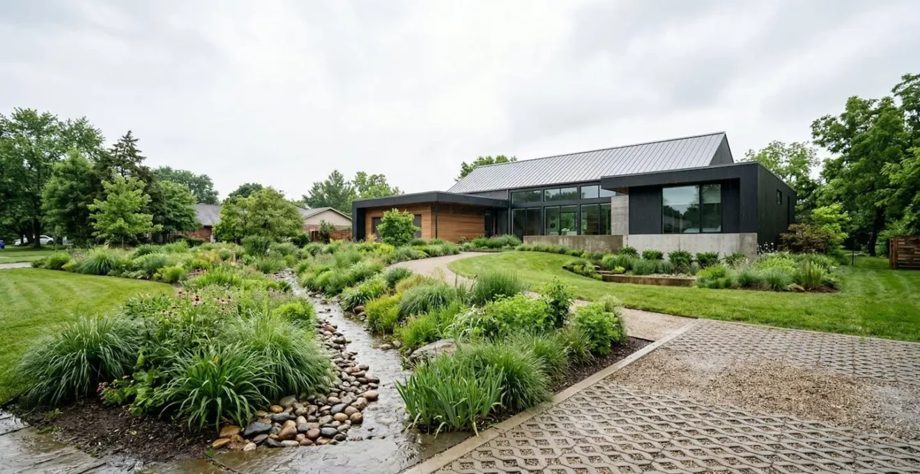 Système de gestion des eaux pluviales sur un terrain résidentiel avec dispositifs d'infiltration naturels