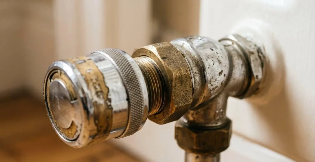 Vue macro détaillée d'un robinet thermostatique avec molette de réglage, profondeur de champ réduite