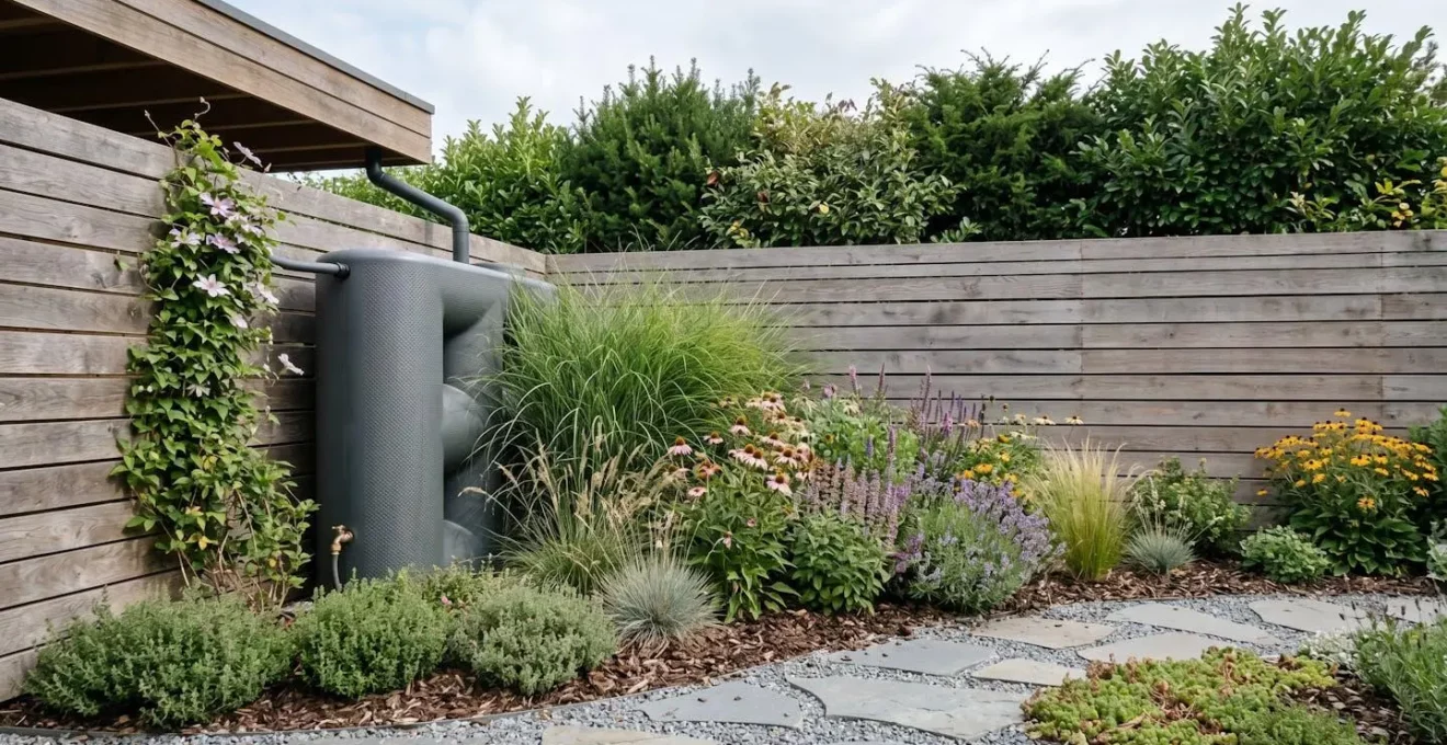 Citerne d'eau de pluie discrètement intégrée dans un jardin aménagé avec végétation