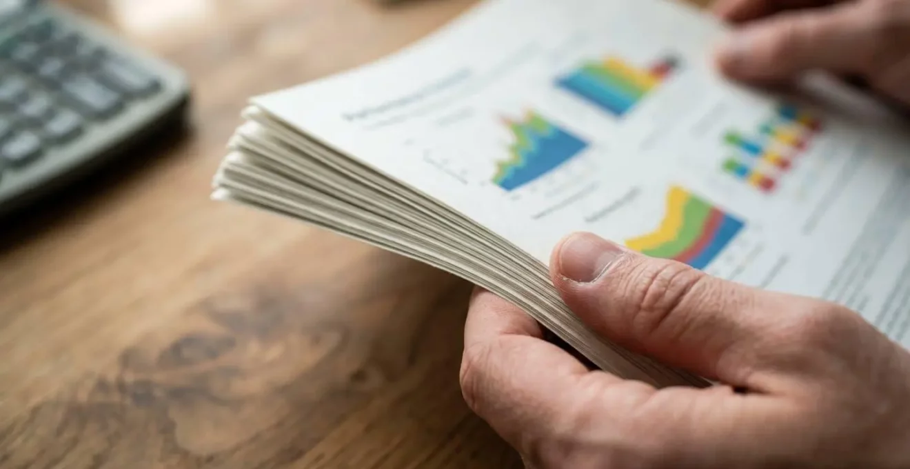 Gros plan sur des mains feuilletant un document technique avec des graphiques énergétiques
