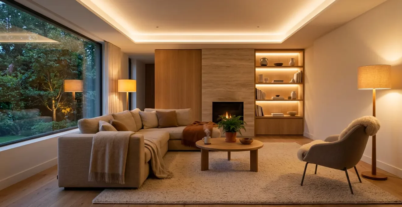 Intérieur moderne avec éclairage LED chaleureux, ambiance confortable sans effet clinique