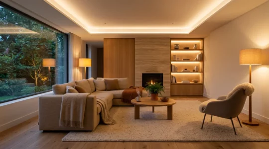 Intérieur moderne avec éclairage LED chaleureux, ambiance confortable sans effet clinique