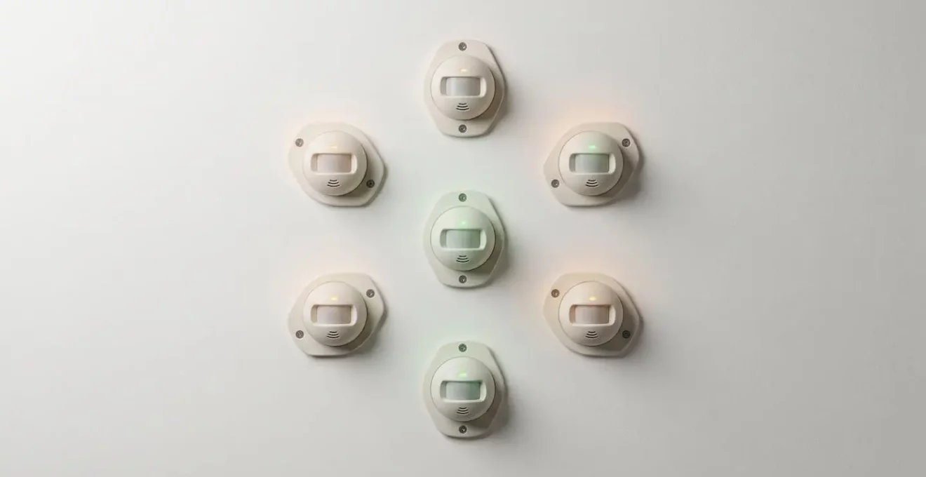 Schéma visuel de capteurs connectés en réseau maillé pour détection de mouvement coordonnée