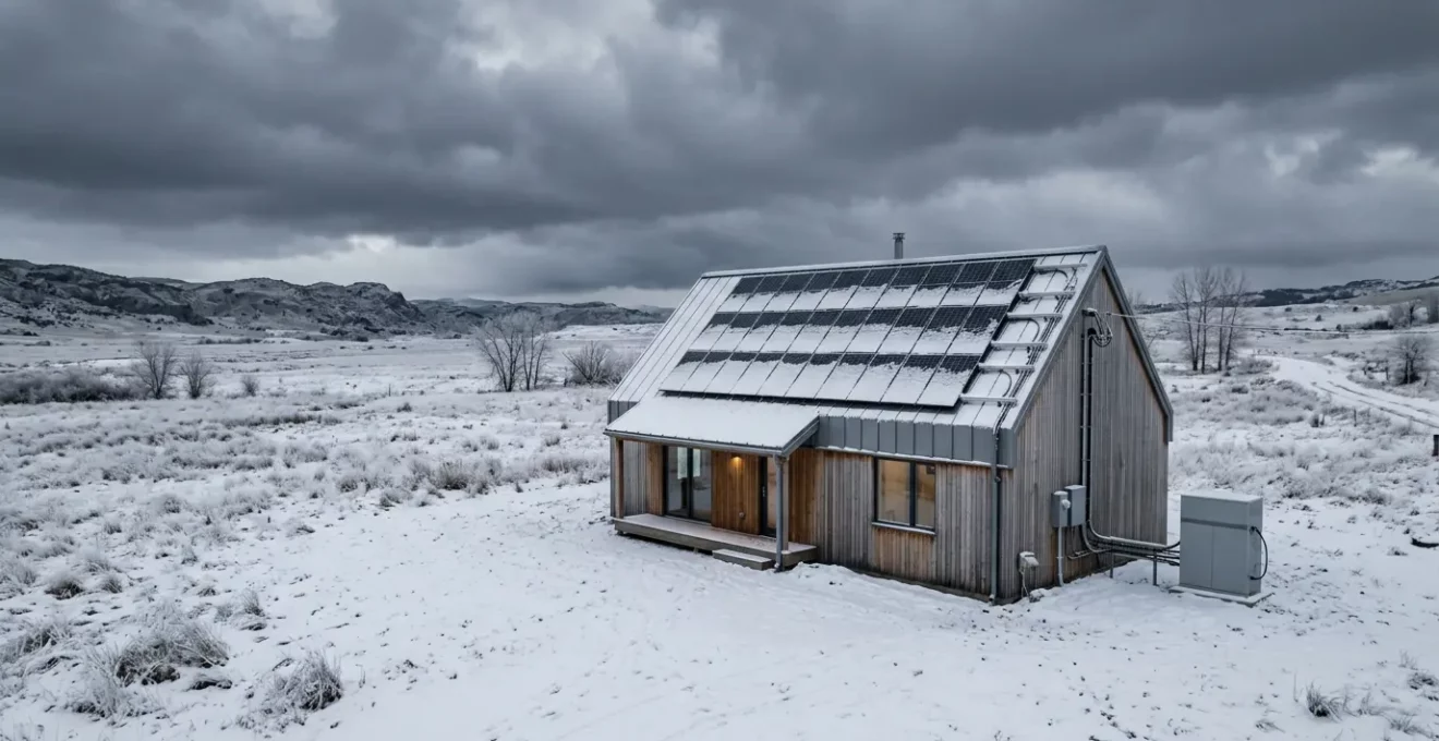 Installation de panneaux solaires sur une maison avec système de batteries en période hivernale illustrant les défis de l'autonomie énergétique