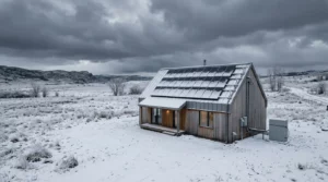 Installation de panneaux solaires sur une maison avec système de batteries en période hivernale illustrant les défis de l'autonomie énergétique