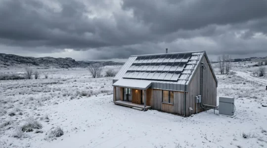 Installation de panneaux solaires sur une maison avec système de batteries en période hivernale illustrant les défis de l'autonomie énergétique