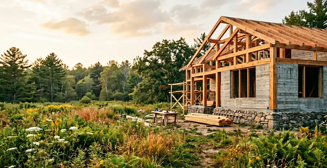 Chantier de construction de maison contemporaine avec matériaux bas carbone et végétation