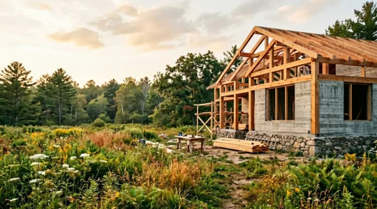 Chantier de construction de maison contemporaine avec matériaux bas carbone et végétation