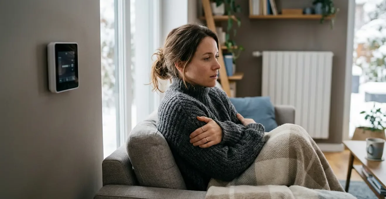 Intérieur de maison moderne avec thermostat affichant 21°C, personne portant un pull à l'intérieur illustrant la sensation de froid malgré le chauffage