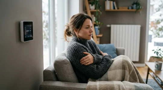 Intérieur de maison moderne avec thermostat affichant 21°C, personne portant un pull à l'intérieur illustrant la sensation de froid malgré le chauffage