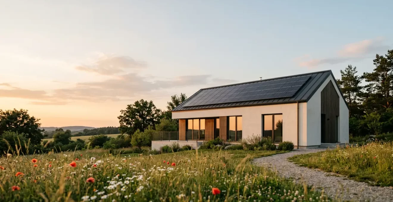 Maison contemporaine équipée de panneaux solaires photovoltaïques sur le toit avec système de gestion énergétique
