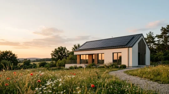 Maison contemporaine équipée de panneaux solaires photovoltaïques sur le toit avec système de gestion énergétique