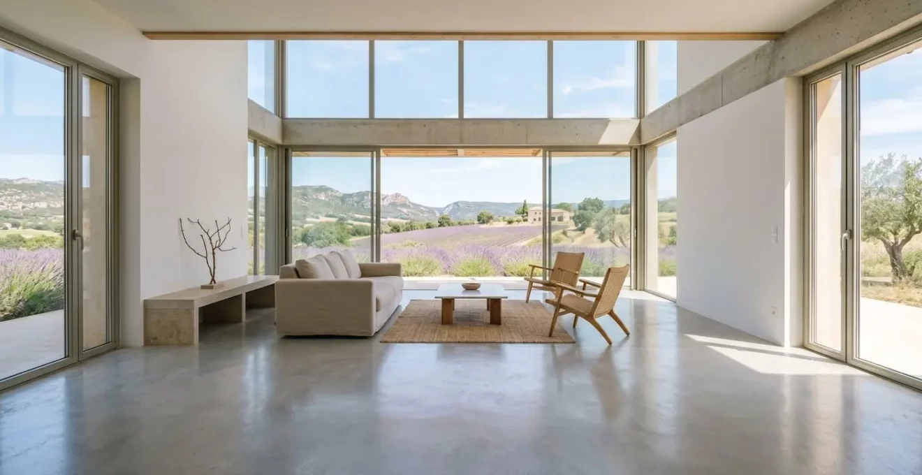 Intérieur d'une maison contemporaine avec plancher chauffant basse température dans le Sud de la France