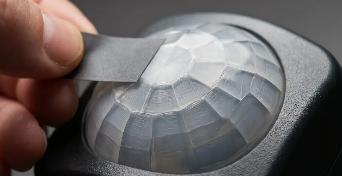 Gros plan sur lentille de Fresnel de détecteur montrant technique de masquage de zone
