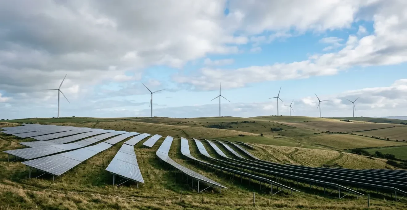 Vue grand angle d'un paysage énergétique mixte avec éoliennes et infrastructure solaire sous un ciel dynamique