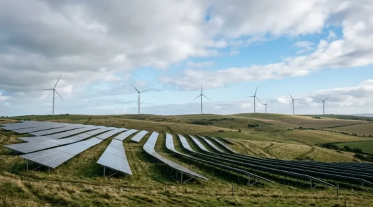 Vue grand angle d'un paysage énergétique mixte avec éoliennes et infrastructure solaire sous un ciel dynamique