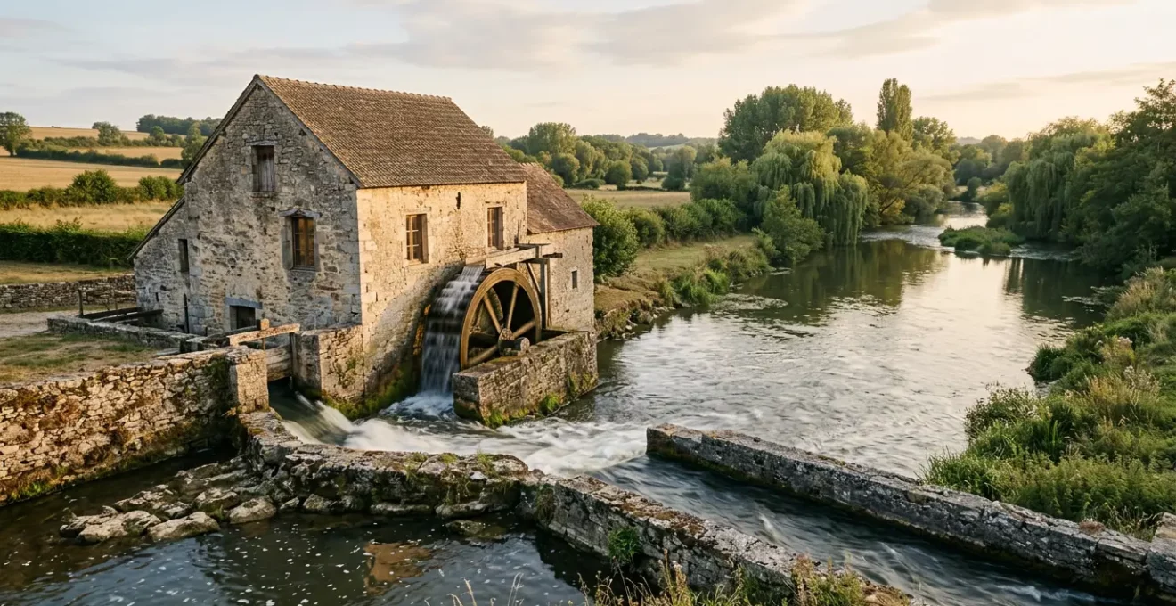 Vue d'ensemble d'un ancien moulin à eau avec turbine hydraulique en cours de réhabilitation pour production hydroélectrique