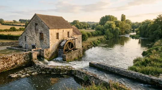 Vue d'ensemble d'un ancien moulin à eau avec turbine hydraulique en cours de réhabilitation pour production hydroélectrique